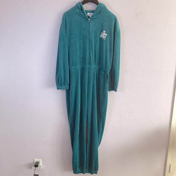 Juicy Couture Women Teal Velour Velvet Jumpsuit with Hoodie Size XL - Picture 3 of 12